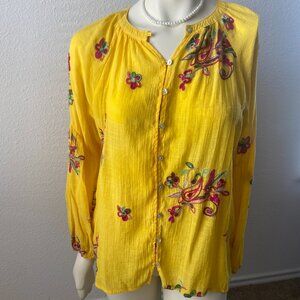 Fig And Flower Yellow Embroidered Blouse Floral Button Down Collared Women Large
